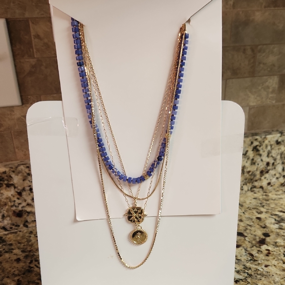 Chico's Gold and Blue Layered Necklace with Beads and Pendants